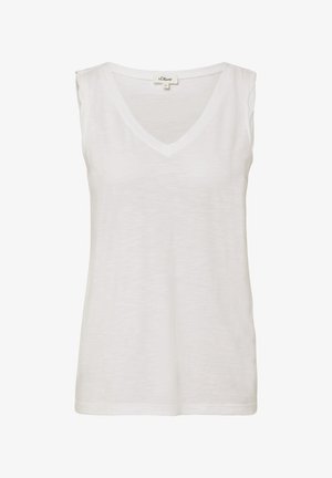 Weißes ärmelloses V-Neck-Top aus leichtem Stoff. Hat eine lockere Passform mit subtiler Textur und sauberem Stich entlang des Saums und des Halsausschnitts.