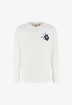 Witte sweatshirt met lange mouwen en ronde nek, voorzien van een kleine geborduurde paarse bloem en cursieve tekst op de bovenste linkerkant van de borst.