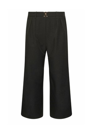 Czarne szerokie, skrócone spodnie z plisami z przodu i wąskim pasem z małą metalową klamrą.