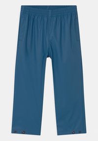 Blue, lightweight pants made of a smooth synthetic material. Features an elastic waist and snaps at the ankle for adjustable fit.