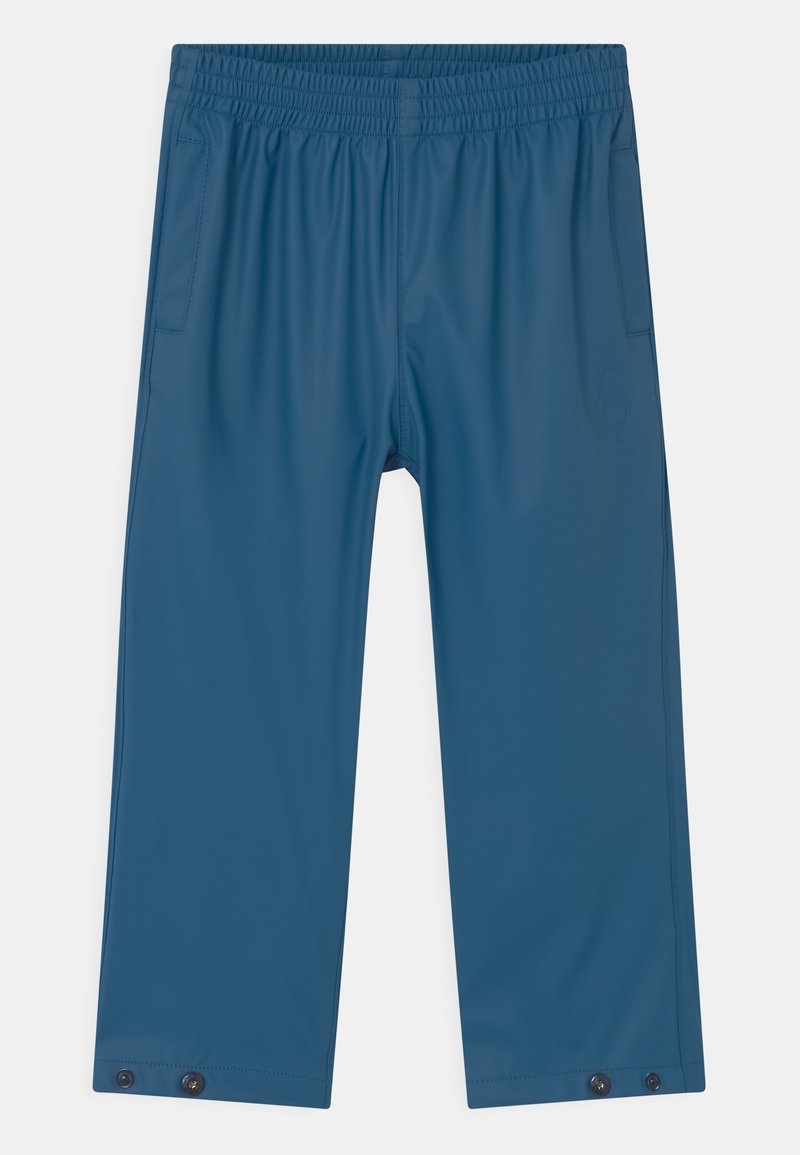 Blue, lightweight pants made of a smooth synthetic material. Features an elastic waist and snaps at the ankle for adjustable fit.