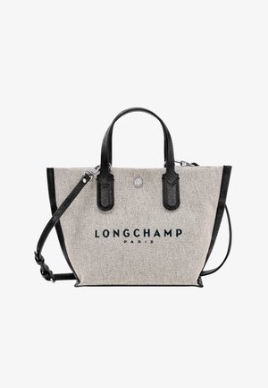 Canvas-Tote mit schwarzen Lederakzenten. Verfügt über zwei obere Tragegriffe, einen abnehmbaren Schultergurt und das Logo "LONGCHAMP PARIS" auf der Vorderseite.