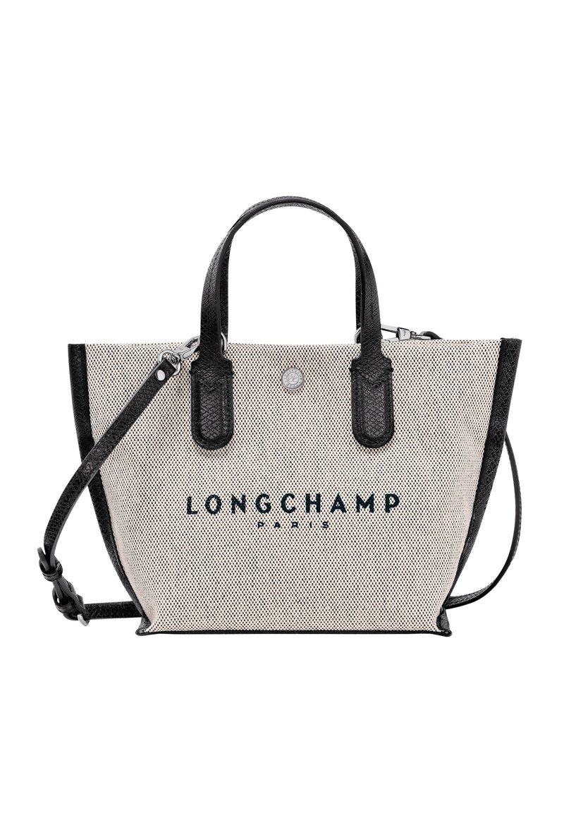 Canvas-Tote mit schwarzen Lederakzenten. Verfügt über zwei obere Tragegriffe, einen abnehmbaren Schultergurt und das Logo "LONGCHAMP PARIS" auf der Vorderseite.