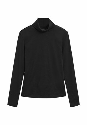 Schwarzes langärmeliges Rollkragenshirt mit figurbetonter Silhouette und glattem Stoff auf weißem Hintergrund.