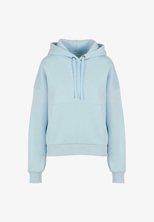 Hele sinine kapuutsiga pusa, mis on valmistatud pehmest kangast, esi-tasku, nöörid ja soonikkoes mansetid. Lihtne brodeeritud logo detail.