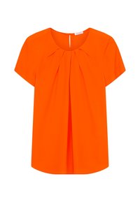 Blusa arancione a maniche corte con scollatura rotonda, dettagli a pieghe sul davanti e apertura sul retro. Tessuto dalla texture morbida.