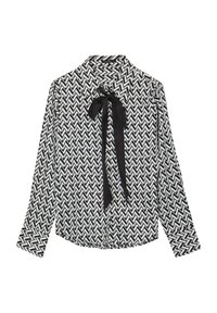 Black and white long-sleeve blouse with a chevron zigzag pattern, featuring a collar and a black ribbon tie detail at the neck.