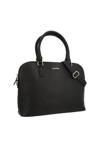 Sac à main en cuir noir avec double poignées, bandoulière réglable, fermeture éclair dorée et petit logo de marque doré sur le devant.