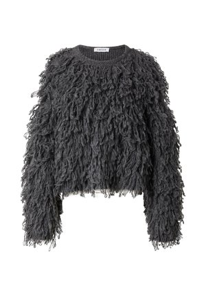 Fluffy, donkergrijze trui met een gestructureerde, harige afwerking. Heeft een ronde halslijn en lange mouwen. Gemaakt van zacht garenmateriaal.