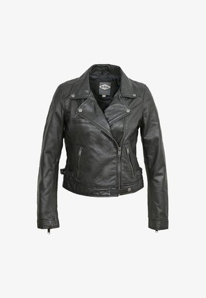 Zwarte leren motorjack met een getailleerd design, ritszakken aan de voorkant, reverskraag en accenten van zilverkleurig hardware.