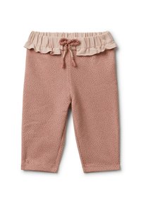 Roze peuterbroek met een elastische, gerimpelde tailleband en een trekkoord, met een klein wit stippenpatroon.