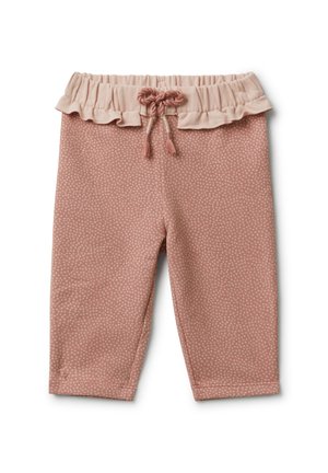 Rosa Kleinkinder-Hosen mit elastischem Rüschenausschnitt und Kordelzug, die ein kleines weißes Punktmuster aufweisen.