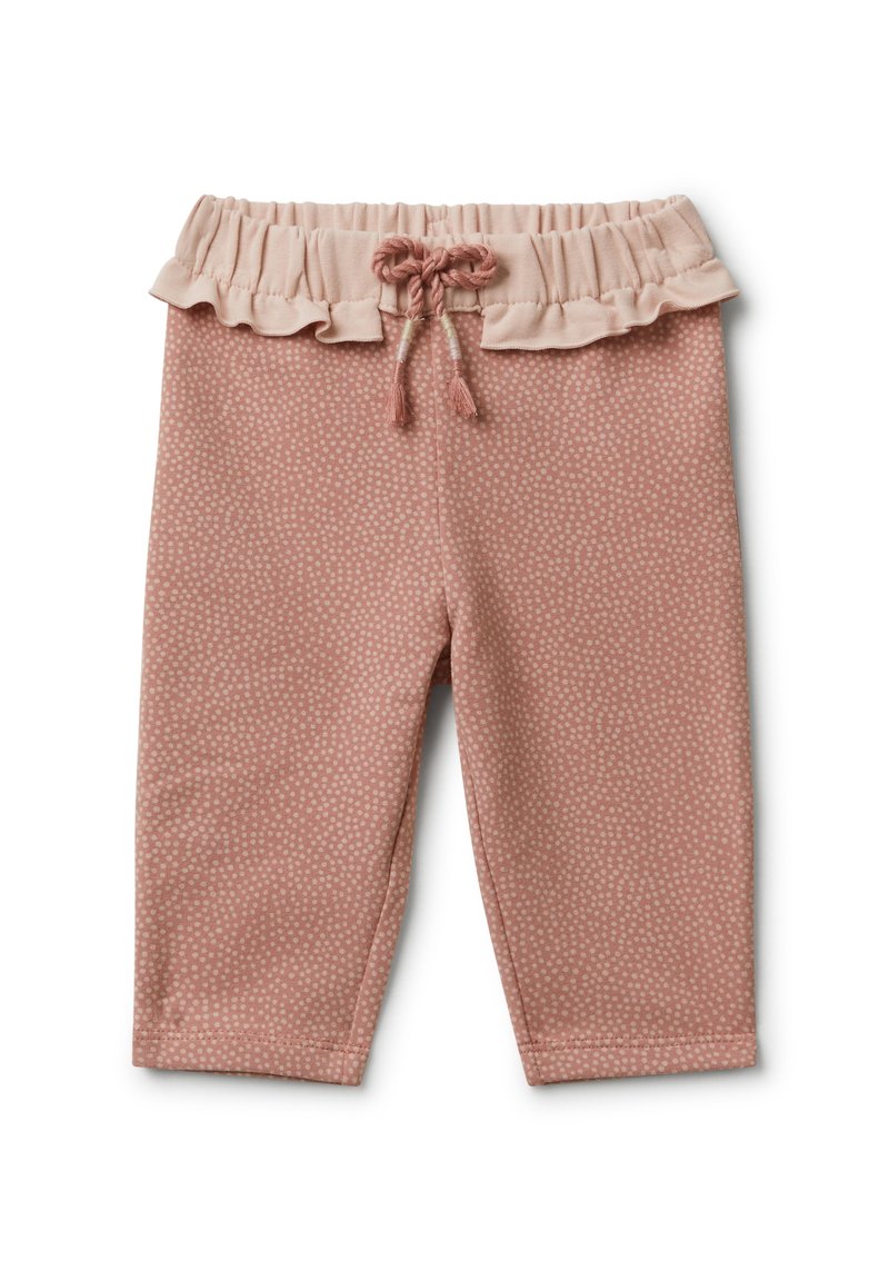 Roze peuterbroek met een elastische, gerimpelde tailleband en een trekkoord, met een klein wit stippenpatroon.