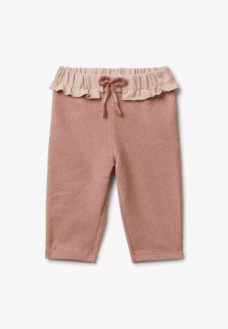 Roze peuterbroek met een elastische, gerimpelde tailleband en een trekkoord, met een klein wit stippenpatroon.