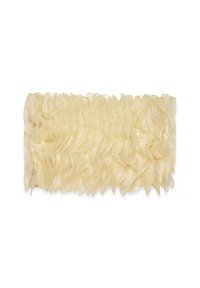 Nastro di tessuto color crema arruffato con un design a onde testurizzato e sottili accenti in filo metallico, di dimensioni approssimative 30 cm di larghezza e 10 cm di altezza.