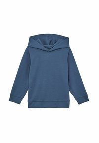 Modrá mikina s dlouhým rukávem vyrobená z měkké tkaniny, se žebrovanými manžetami a přiléhajícím pasem, vystavená na bílém pozadí.