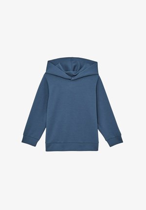 Mėlyna ilgos rankovės džemperis su minkšta medžiaga, raukšlėtomis rankogaliais ir priglundančiu juosmeniu, pristatytas ant baltos fono.