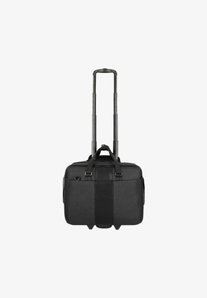 Borsa da viaggio nera a rullo con tessuto testurizzato, accenti in pelle, doppie maniglie superiori, manico estensibile e tasche laterali.