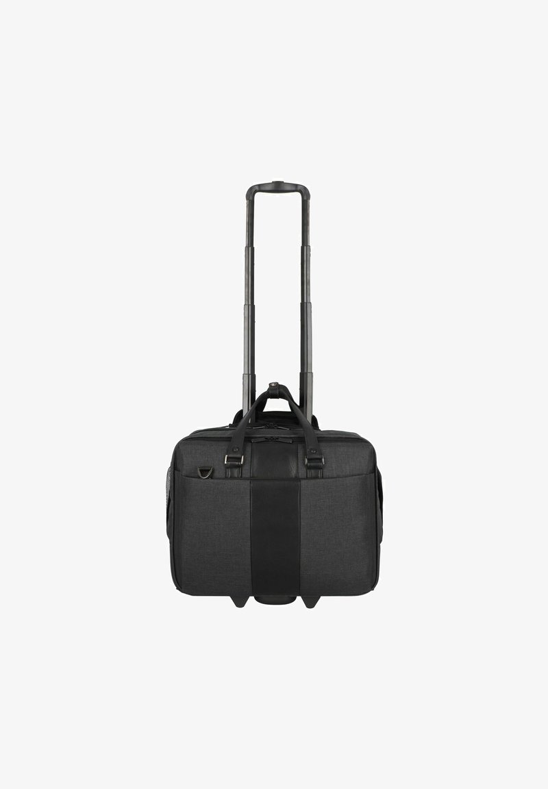 Schwarze Roll-Duffle-Tasche aus strukturiertem Stoff, mit Lederakzenten, doppelten oberen Griffen, ausziehbarem Griff und Seitentaschen.