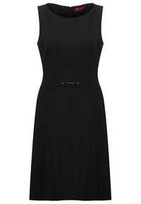Robe noire sans manches jusqu'aux genoux avec encolure ronde, taille cintrée et petit détail décoratif en métal au centre devant.