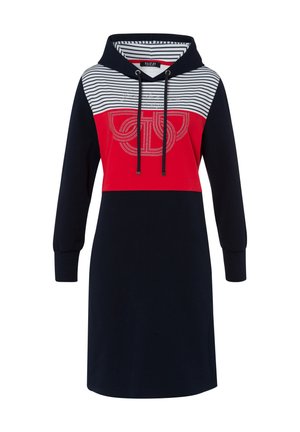 Hooded dress featuring a red and navy color block design, striped sleeves, and a decorative silver pattern on the chest. Cotton fabric.