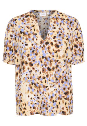 Kurzarmpbluse mit V-Ausschnitt, aus beigem Stoff mit braunen und blauen abstrakten Flecken. Aus leichtem, weichem Material gefertigt.