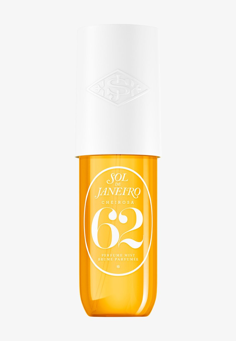 Gelbe und weiße Sol de Janeiro Cheirosa 62 Parfumspray-Flasche mit großem weißem Deckel und weißem Text vorne.