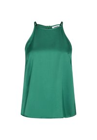 Haut sans manches en satin vert avec un col rond et des bretelles réglables, doté d'un ourlet droit et d'une subtile brillance. Fermeture éclair au dos visible.