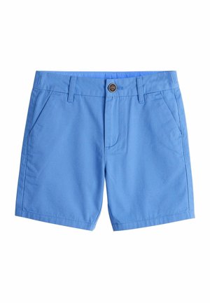 Svetlomodré neformálne šortky s prednými vreckami, opaskovými očkami, predným gombíkom a zapínaním na zips, zobrazené na bielom pozadí.