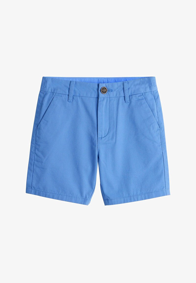 Shorts décontractés bleu clair avec poches avant, passants pour ceinture, bouton à l'avant et fermeture éclair, présentés sur un fond blanc.