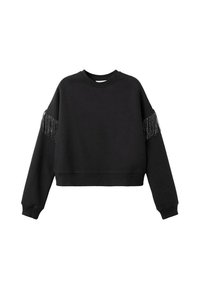 Svart kort sweatshirt med långa ärmar, med silverfransar på ärmarna och rund halsringning. Mjuk textur och avslappnad design.
