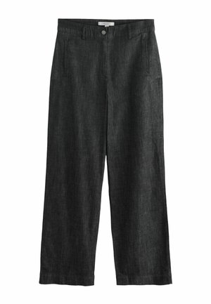 Tmavo šedé široké nohavice vyrobené z textúrovanej tkaniny. Majú predné vrecká a zapínanie na gombík, s čistým, rovnými strihom.