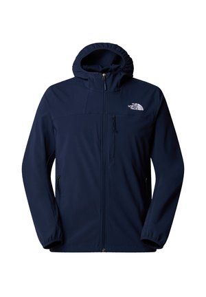 Navy Softshell-Jacke mit Reißverschluss vorne, verstellbarem Kapuze, Reißverschlusstaschen und einem Logo auf der Brust. Glatte Textur, atmungsaktives Material.