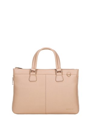 Beige Lederhandtasche mit zwei Griffen, Reißverschluss und einem eleganten Design. Verfügt über sichtbare Nähte und eine Hardware-Akzentuierung an der Seite.