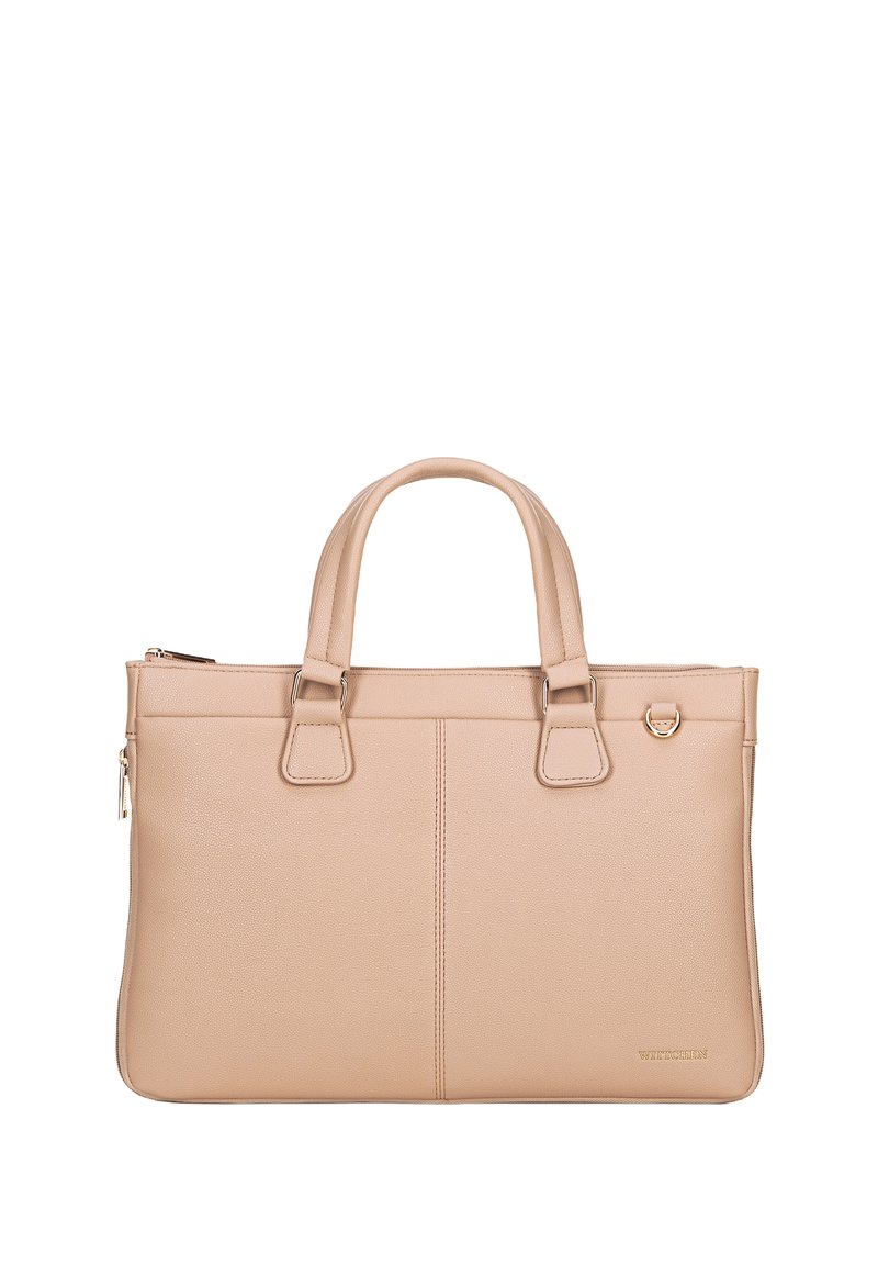 Beige leren handtas met dubbele handgrepen, ritsluiting en een strak ontwerp. Heeft zichtbare stiksels en een hardwareaccent aan de zijkant.