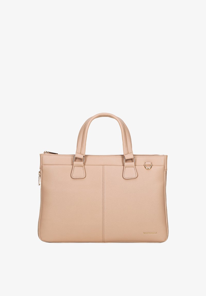 Beige Lederhandtasche mit zwei Griffen, Reißverschluss und einem eleganten Design. Verfügt über sichtbare Nähte und eine Hardware-Akzentuierung an der Seite.
