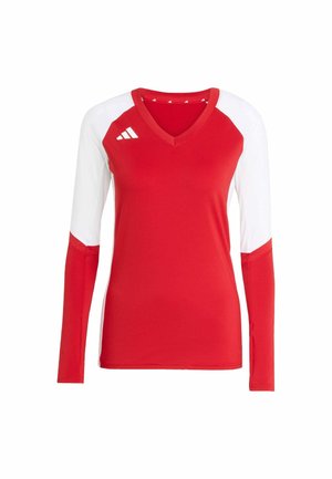 Red long-sleeve athletic jersey with white accents, V-neck design, made from breathable fabric, featuring logo on left shoulder and sporty fit.