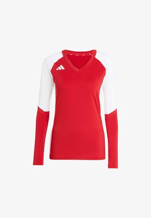 Červený dlhý rukáv športový dres s bielymi akcentmi, V-výstrih, vyrobený z priedušnej látky, s logom na ľavom ramene a športovým strihom.