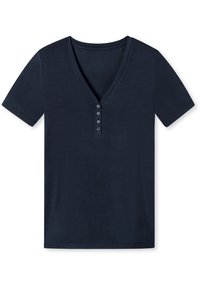 Marinblå V-ringad T-shirt i mjukt tyg, med korta ärmar och en knäppning med fem knappar på framsidan.
