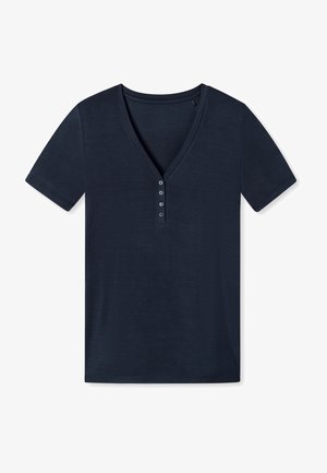 Navy V-neck T-shirt made of smooth fabric, featuring short sleeves and a button placket with five buttons down the front.