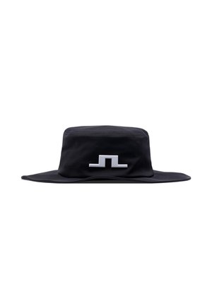 Black bucket hat with wide brim featuring a centered white geometric logo on the front.