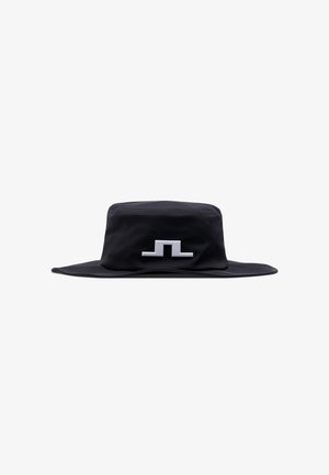 Black bucket hat with wide brim featuring a centered white geometric logo on the front.