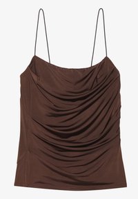 Bruine gedrapeerde tanktop van gladde stof, met dunne verstelbare bandjes en plooien aan de zijkant voor extra textuur.
