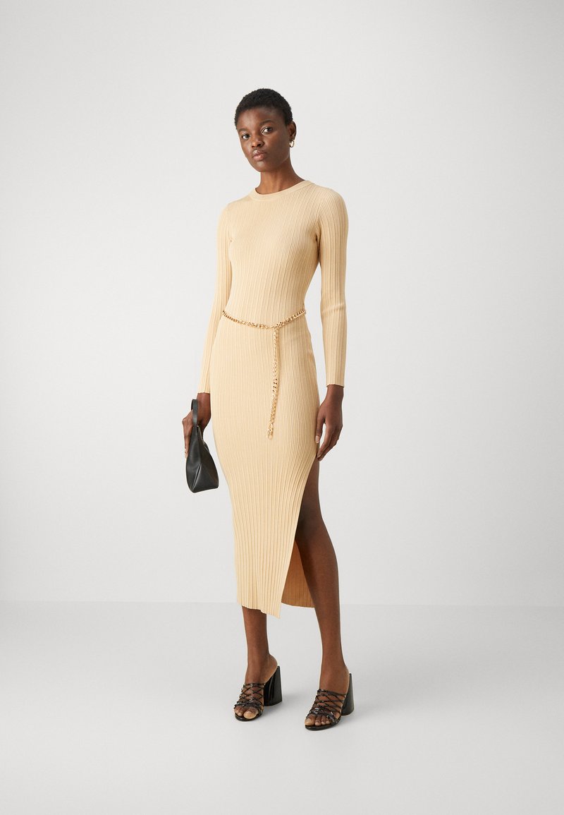 michael kors belted ribbed knit dress Michael Kors Mk Ribbed Stretch Knit Button Midi Dress in White