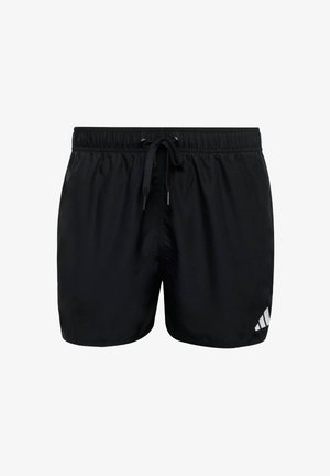 Black swim shorts made of lightweight material. Features an elastic waistband with a drawstring and a white logo on the bottom right side.