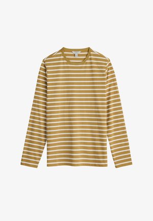 Camicia a maniche lunghe di colore giallo senape con righe orizzontali bianche. Presenta un collo rotondo e una texture del tessuto morbida e liscia.