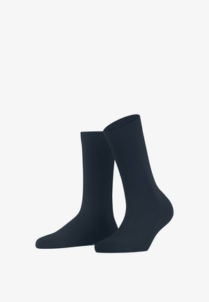 Dark navy socks with a smooth, lightweight texture, ribbed top, and reinforced toe; feature a blue logo at the bottom.
