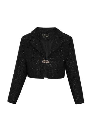 Blazer nero cropped realizzato in tessuto testurizzato con una leggera lucentezza. Presenta un colletto a punte e una chiusura decorativa sul davanti.