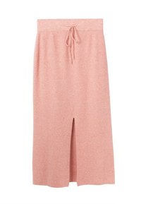 Jupe rose douce longueur genou avec fente devant et taille à cordon, réalisée en tissu confortable et texturé.