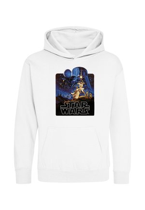 Hvid hættetrøje med klassisk Star Wars-plakat, der viser Luke og Leia med lyssværd, Darth Vader-hjelm og stjernehimmel som baggrund.